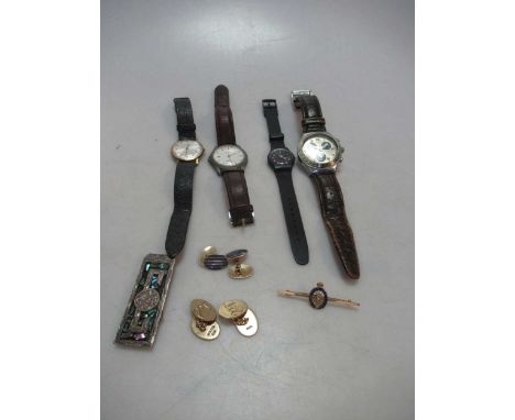 Two pairs of cufflinks, hallmarked or stamped 9ct and a pin stamped '9CT', gross weight 21.2g, an enamelled money holder and 