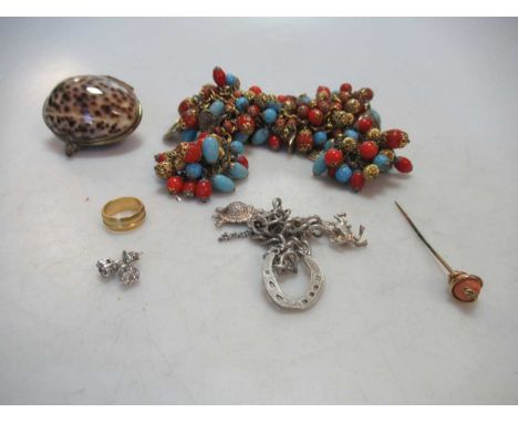 A small pair of diamond ear studs, a coral stick pin and various other costume jewellery