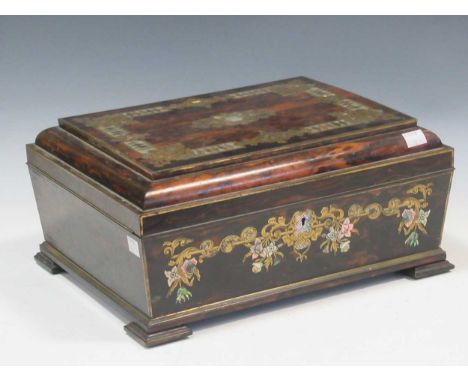 A workbox fitted with mother of pearl interior, 18 x 35.5 x 28cmProvenance:Wood Hall, Hilgay, Norfolk