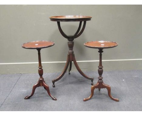 A mahogany dish topped tripod table converted from a globe stand 73 x 46cm together with two small mahogany tripod wine table