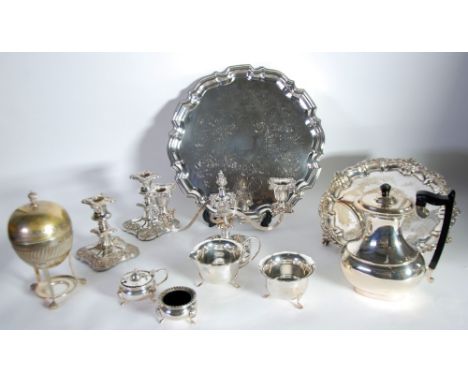 ELECTROPLATED WARES, including, EGG CODDLER WITH BURNER, THREE LIGHT CANDELABRUM, PAIR OF CANDLE STICKS, GEORGIAN STYLE HOT W