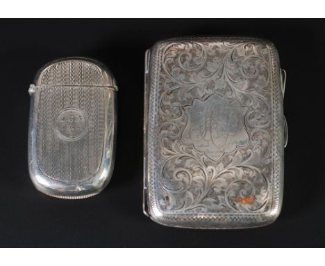 VICTORIAN ENGINE TURNED SILVER VESTA CASE, Birmingham 1880, 1.15oz, AND A SILVER FOLIATE ENGRAVED CURVED CIGARETTE CASE, Birm