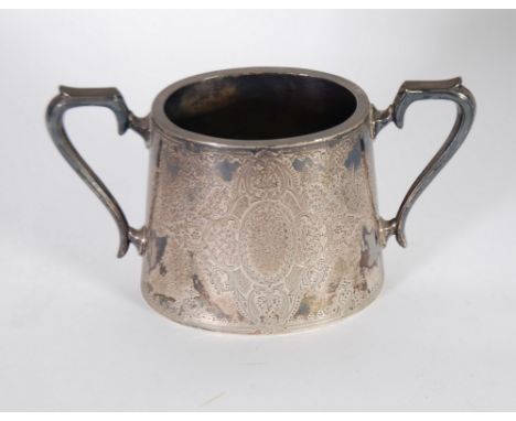 LATE VICTORIAN SILVER TWO HANDLED SUCRIER, oval and tapered with foliate scroll engraved decoration, 8 1/2" (21cm) wide over 