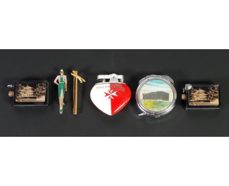 FOUR SOUVENIR CIGARETTE LIGHTERS, A ROLLED GOLD FOX TIE PIN AND A PASTE AND ENAMEL FIGURAL BROOCH
