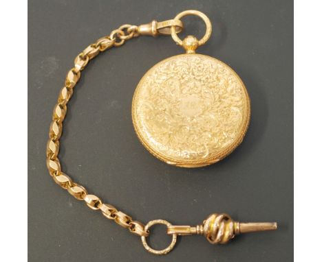 18CT GOLD FOB WATCH, movement signed J.T WILKINSON, LEEDS, 2827, gilt foliate roman dial with blue steel hands, foliate engra