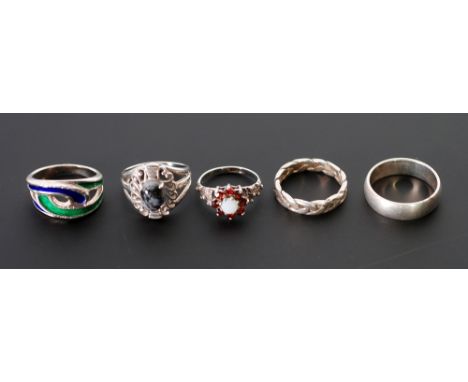 SILVER BLUE AND GREEN ENAMEL RING, London 1972, AND FOUR OTHER RINGS (5)