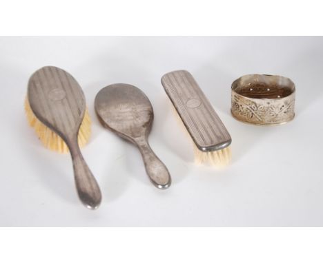 SILVER BACKED HAIR BRUSH AND MATCHING CLOTHES BRUSH, with engine turned decoration, Birmingham 1922 (a.f.) and TWO ITEMS OF S