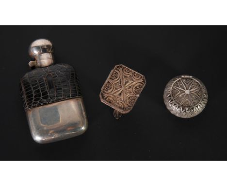 SILVER AND CROCODILE SKIN SMALL POCKET SPIRIT FLASK, with silver hinged bayonet cap and removable silver cover, Birmingham 19