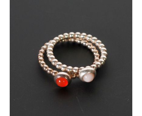 PANDORA, TWO SILVER BIRTHSTONE RINGS, pink opal (October), L and carnelian (July), N, S925 ALE, 5g gross (2)