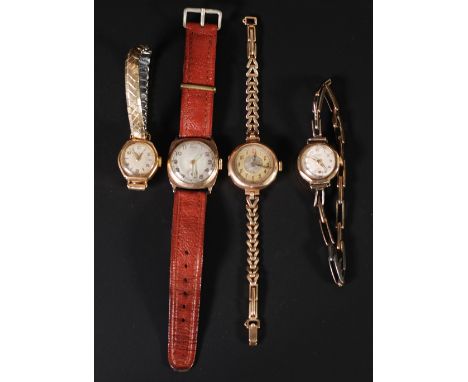 FOUR 9CT GOLD WRIST WATCHES, including BRITISH WATCH COMPANY, 9CT GOLD CASED WRIST WATCH, 15 jewel movement, silvered arabic 
