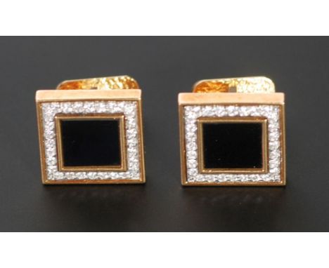 PAIR OF DIAMOND AND ONYX CUFFLINKS, bezel set with square onyx with a pave set surround of twenty eight diamonds, 0.28ct appr
