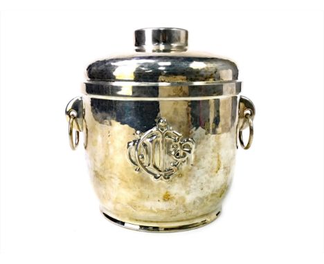 1970S CHRISTIAN DIOR SILVER PLATED ICE BUCKET, marks to base, hammered silver plate, twin swing handles, with glass insert, 1