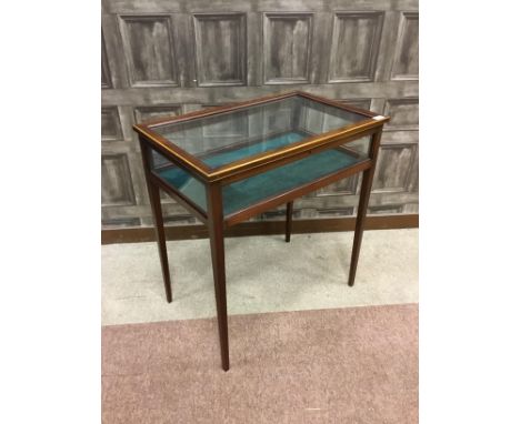 LATE 19TH CENTURY INLAID MAHOGANY BIJOUTERIE TABLE, with glazed hinged rectangular top, over a glazed frieze, on square taper