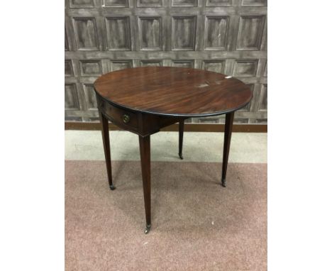 EARLY 19TH CENTURY MAHOGANY PEMBROKE TABLE, with hinged d-shaped leaves over a frieze drawer and mock drawer, on square taper