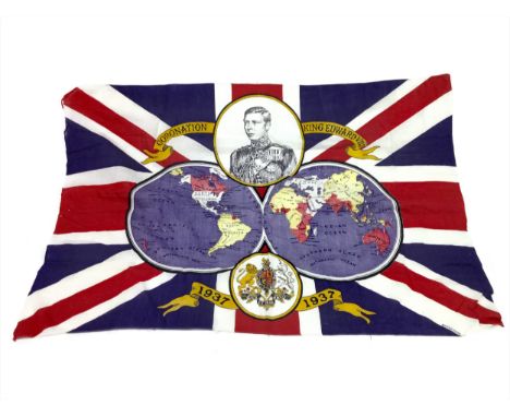 EDWARD VIII BRITISH EMPIRE COMMEMORATIVE FLAG, souvenir flag with a portrait of the King, a double-hemisphere world map with 