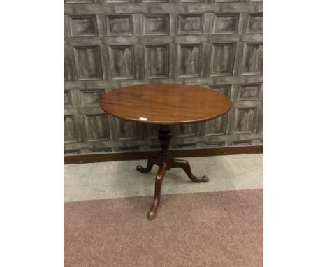 MAHOGANY CIRCULAR TILT TOP TEA TABLE, on turned baluster pillar and tripod supports, 82cm diameter