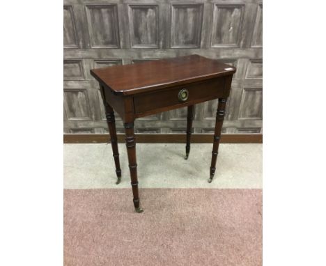 MAHOGANY SIDE TABLE, the rectangular top over a frieze drawer, on tapered column legs with brass castors, 66cm wide