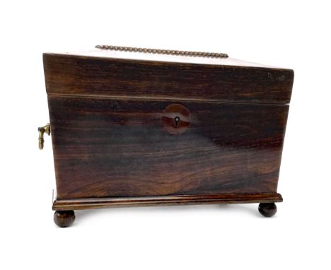 VICTORIAN ROSEWOOD SARCOPHAGUS-SHAPED TEA CADDY, the hinged lid opening to reveal twin lidded compartments, 21.5cm wide