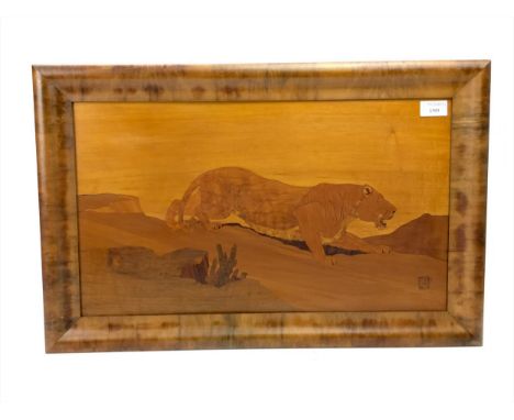 MID 20TH CENTURY MARQUETRY PANEL, depicting a tiger within a landscape, monogrammed EB, framed, 41cm x 64cm overall