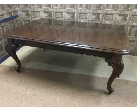 VICTORIAN MAHOGANY TELESCOPIC EXTENDING DINING TABLE, carved cabriole legs, with two additional leaves, along with winder, 27