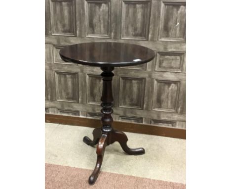 19TH CENTURY MAHOGANY TEA TABLE, the circular top on a turned pillar with tripod supports, 55cm diameter