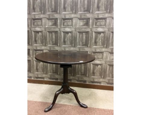 GEORGE III MAHOGANY TILT TOP TABLE, of circular form, with column and tripod supports, 76cm diameter