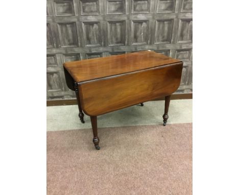 VICTORIAN MAHOGANY PEMBROKE TEA TABLE, on turned reeded tapering legs, on casters, 98cm wide