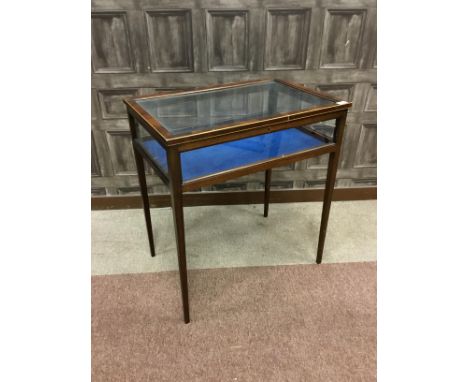 LATE 19TH CENTURY INLAID MAHOGANY BIJOUTERIE TABLE, with glazed hinged rectangular top, over a glazed frieze, on square taper