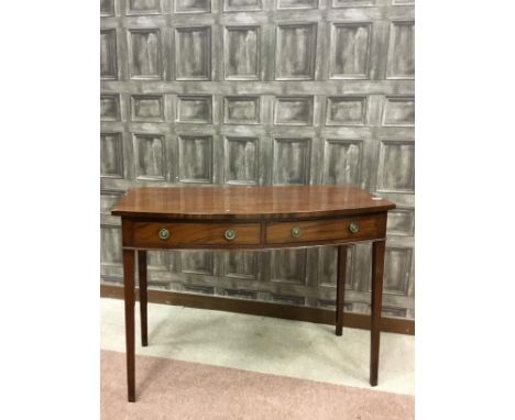 EARLY 19TH CENTURY MAHOGANY BOW FRONTED TABLE, with two frieze drawers, on square tapered legs, 107cm wide