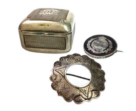 FRANCIS CLARK'S SILVER PLATED SNUFF BOX, engine turned hinged cover engraved 'F.C.', 4cm wide, along with his silver brooch, 