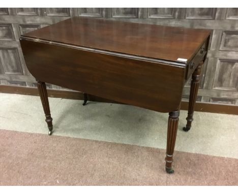 EARLY 19TH CENTURY MAHOGANY PEMBROKE TABLE, the rectangular top with hinged leaves, over one frieze drawer and one mock drawe