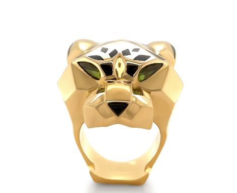 A Panthere De Cartier Ring, made of 18ct Yellow Gold. Featuring pear shape cut Peridot Eyes, Black Lacquer and Onyx, 30mm acr