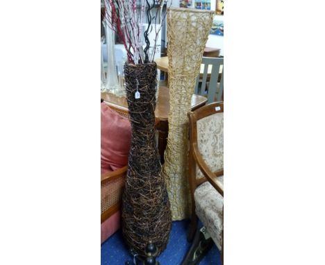 A modern floor-standing wicker and linen Lamp, 59in (150cm) high, together with another similar (2)