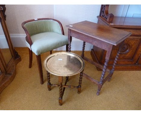 A piano stool, together with an oak side table and a brass-topped folding table (3) Provenance: Stoodley Knowle School, Torqu