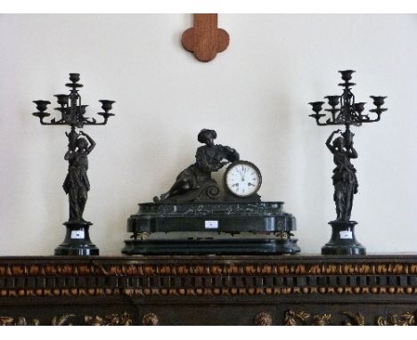 A 19thC French spelter and marbled three-piece figural Clock Garniture (3) Provenance: Stoodley Knowle School, Torquay.