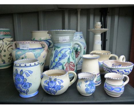 Honiton Pottery; seven pieces, various blue designs including jugs, vases, candlestick, pots etc, impressed 'Collard Honiton 