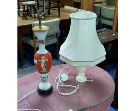 A white marble Lamp Base and shade, together with another ceramic lamp base (2)