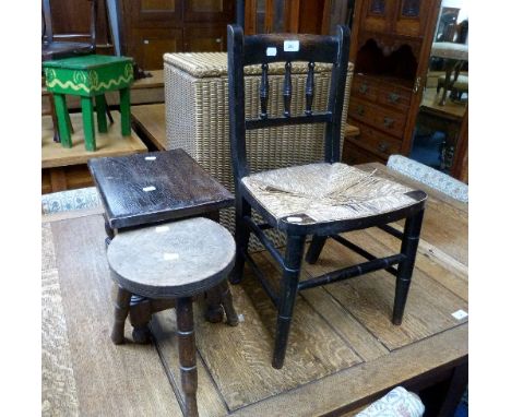 A Victorian oak stool, together with a Lloyd Loom laundry basket and a child's chair (3)