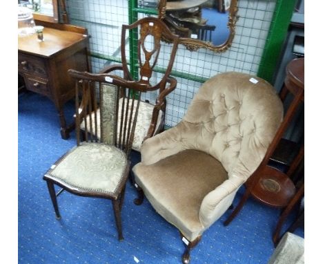 An Edwardian button back parlour Chair, together with an Edwardian mahogany stick back chair (2)