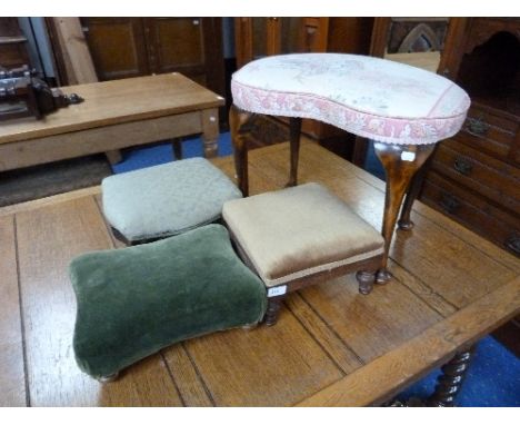 A mahogany framed kidney shaped Stool, with overstuffed seating, together with a carved oak overstuffed stool, a Victorian ma