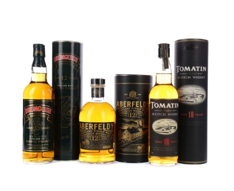 TOMATIN AGED 10 YEARS Single Malt Scotch Whisky 70cl, 40% volume, in tube. ABERFELDY AGED 12 YEARS Single Malt Scotch Whisky 