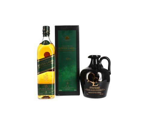 JOHNNIE WALKER GREEN LABEL AGED 15 YEARS Blended Malt Scotch Whisky 750ml, 43% volume, in carton. QE2 HIGHLAND MALT DECANTER 
