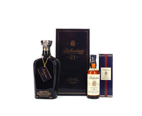 BALLANTINE'S AGED 21 YEARS DECANTER, Blended Scotch Whisky 70cl, 43% volume, blue ceramic decanter in box. BALLANTINE'S AGED 