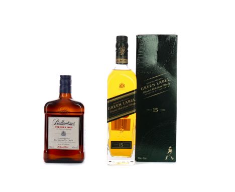 JOHNNIE WALKER GREEN LABEL AGED 15 YEARS Blended Malt Scotch Whisky 700ml, 43% volume, in carton. BALLANTINE'S CELEBRATION Bl