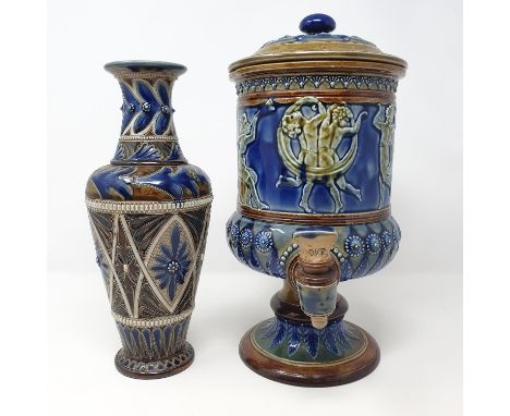 A Doulton Lambeth samovar, decorated classical figures, 34 cm high, and a Doulton Lambeth vase, 28 cm high (2)Repair to foot,