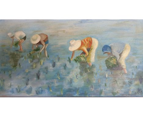 Asian school, figures in a paddy field, oil on board, signature indistinct, 40 x 34 cm, and Zoe Stokes, print of cats, signed