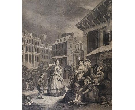 After William Hogarth, print, Morning, published by W Hogarth, March 25 1738, 50 x 42 cm, and its pair, Noon (2) 