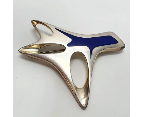 A Georg Jensen silver and blue enamel abstract brooch 