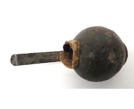 WW1 Inert Austrian/German Stick Ball Grenade cast iron, ball body. &nbsp;Central filling hole. &nbsp;Spring steel belt hook. 