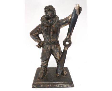 Interwar Airman Table Top Cigarette Lighter silvered figure of a standing airman in flying suit with helmet and goggles. &nbs